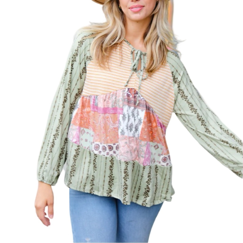 NEW HAPTICS OLIVE & MUSTARD BOHO TWO TONE TIERED BABYDOLL TOP - Picture 7 of 11